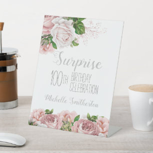 Blush Pink Floral Surprise 100th Birthday Pedestal Sign