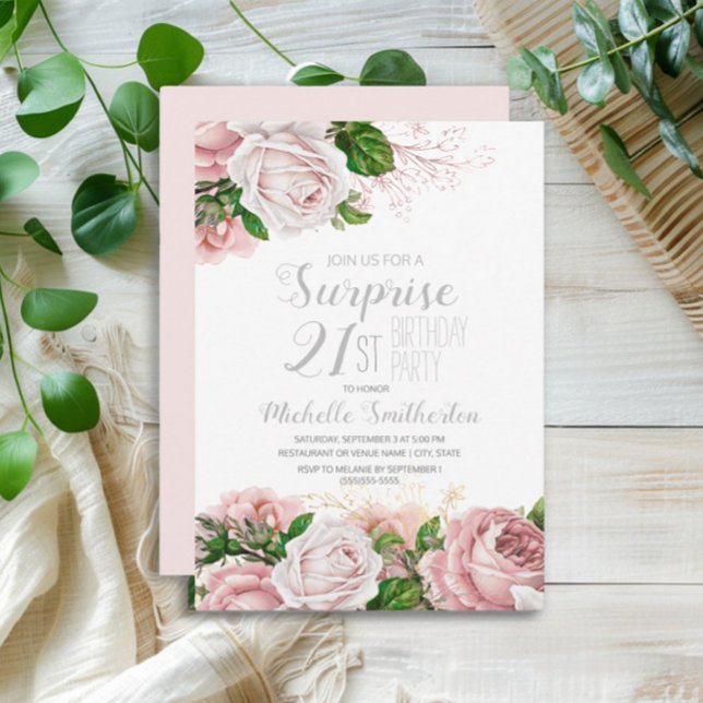 Blush Pink Floral Surprise 21st  Birthday Invitation (Elegant pink vintage watercolor flowers surprise 21st birthday party invitation)