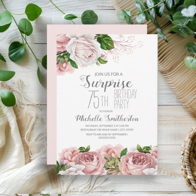 Blush Pink Floral Surprise 75th Birthday Women Invitation (Elegant pink vintage roses 75th birthday party invitation)