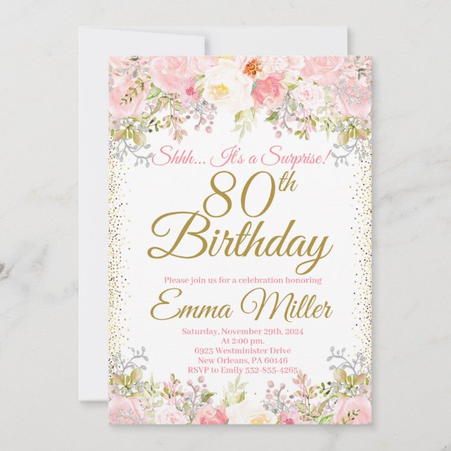 Blush Pink Floral Surprise 80th Birthday Invitation (Front)