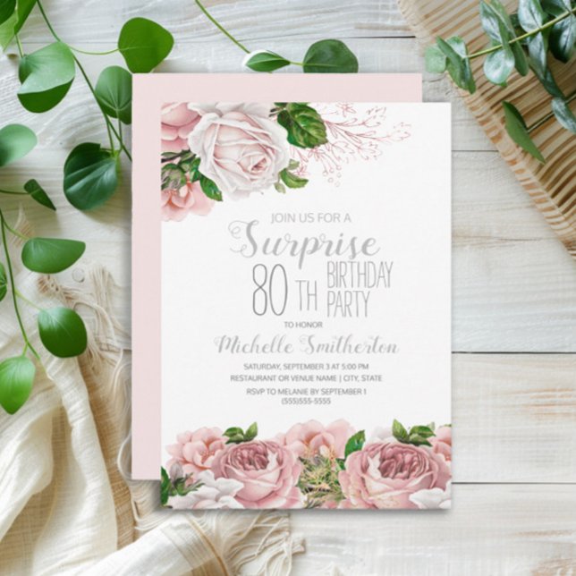 Blush Pink Floral Surprise 80th Birthday Invitation (Blush pink vintage floral surprise 80th birthday party invitation)