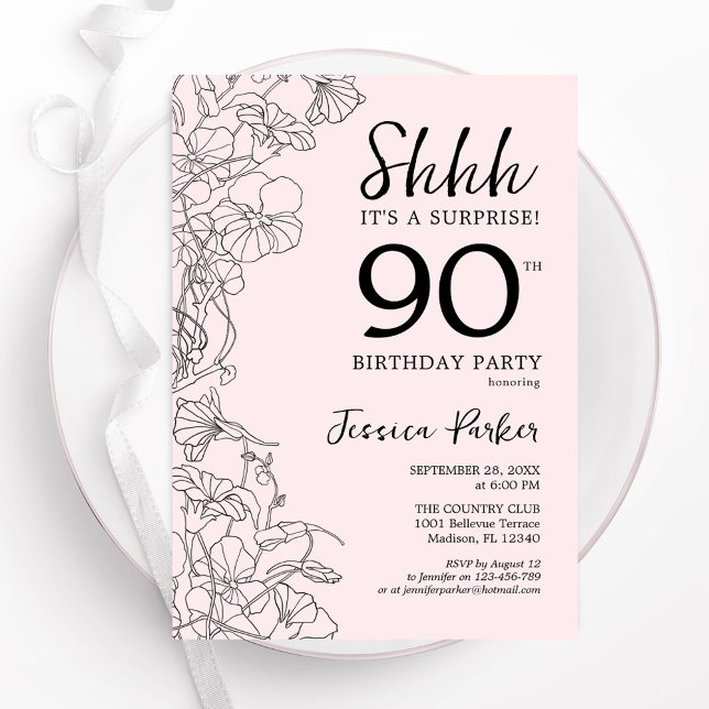 Blush Pink Floral Surprise 90th Birthday Invitation (Creator Uploaded)