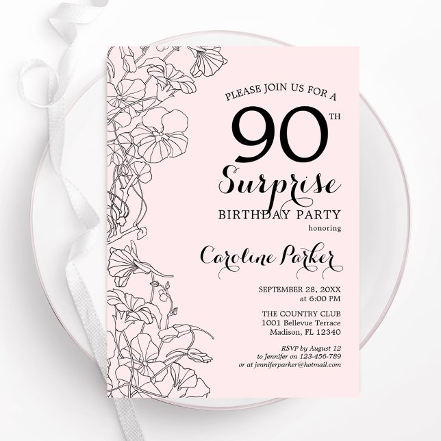 Blush Pink Floral Surprise 90th Birthday Party Invitation (Creator Uploaded)