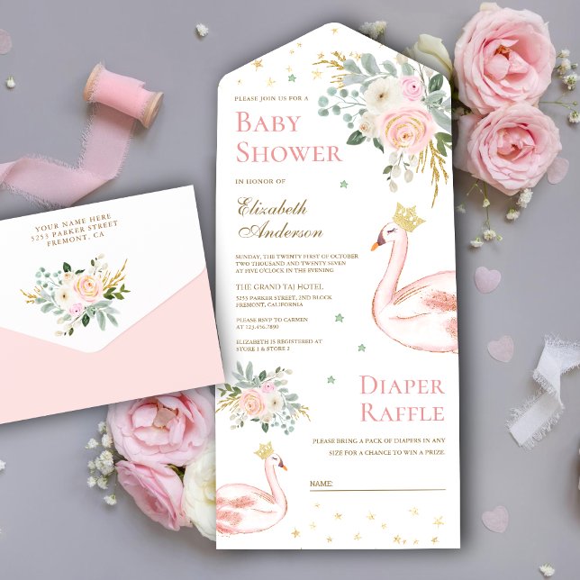 Blush Pink Floral Swan Princess Baby Shower All In One Invitation (Creator Uploaded)
