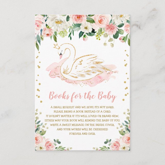 Blush Pink Floral Swan Princess Books for Baby Enclosure Card (Front)