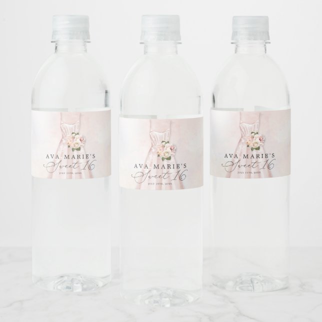Blush Pink Floral Sweet 16 Personalised Water Bottle Label (Bottles)