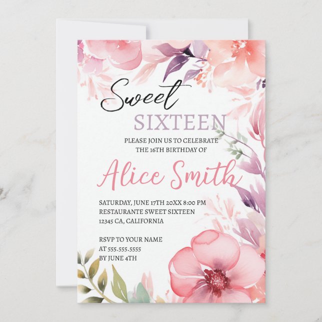 Blush Pink Floral Sweet Sixteen Birthday  Invitation (Front)