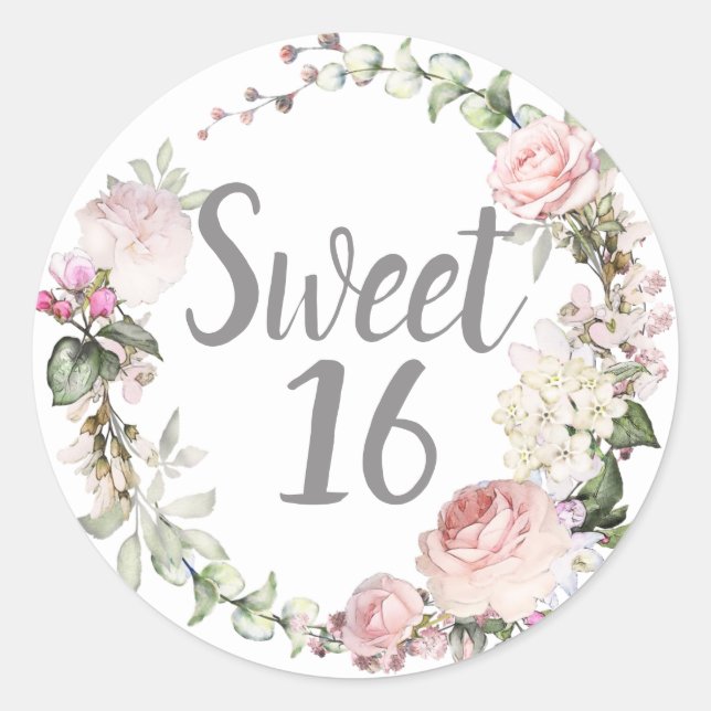 Blush Pink Floral Sweet Sixteen Classic Round Sticker (Front)
