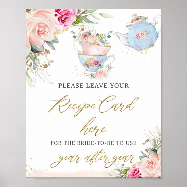 Blush Pink Floral Tea Party Recipe for Bride Sign (Front)