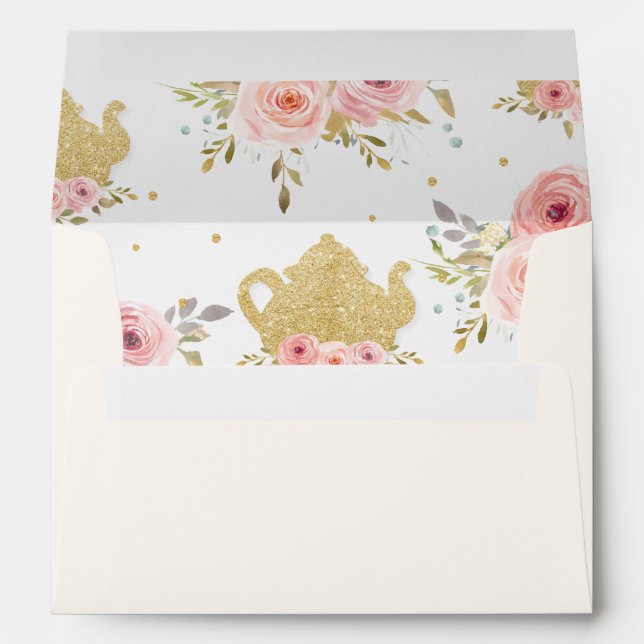 Blush Pink Floral Tea Party Teapot 5x7 Card A7 Envelope (Back (Bottom))
