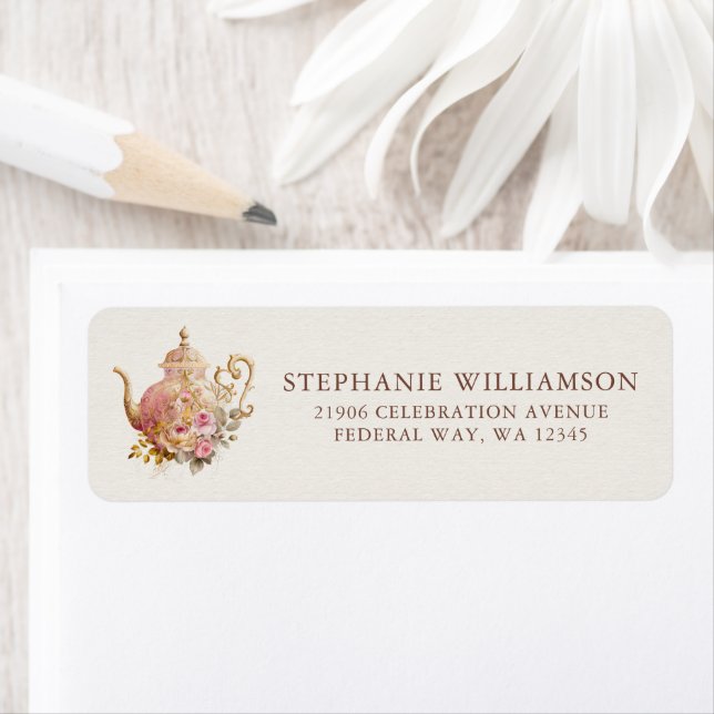 Blush Pink Floral Teapot Bridal Tea Return Address (Insitu)
