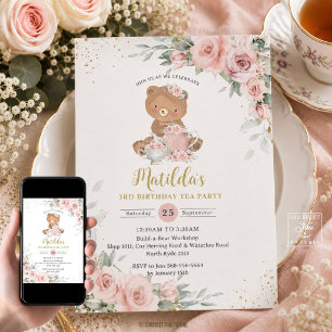 Blush Pink Floral Teddy Bear Tea Party Birthday Invitation