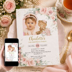 Blush Pink Floral Teddy Bear Tea Party Birthday Invitation
