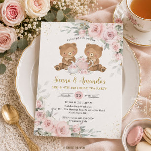 Blush Pink Floral Teddy Bears Tea Party Birthday Invitation
