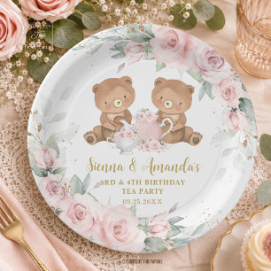 Blush Pink Floral Teddy Bears Tea Party Birthday Paper Plate