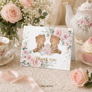 Blush Pink Floral Teddy Bears Tea Party Birthday Thank You Card