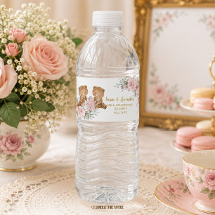 Blush Pink Floral Teddy Bears Tea Party Birthday Water Bottle Label