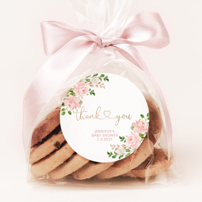 Blush pink floral thank you classic round sticker (Creator Uploaded)