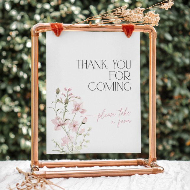 Blush Pink Floral Thank You for Coming Favours Pedestal Sign (Love is in Bloom thank you for coming favors sign with blush pink wildflowers)