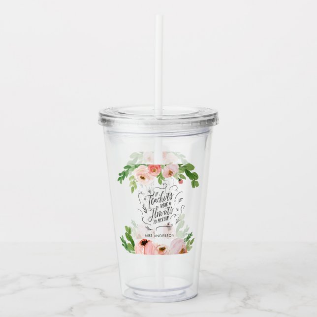 Blush pink floral thank you teacher gift  acrylic tumbler (Front)
