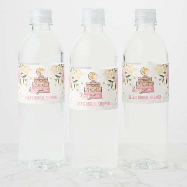 Blush Pink Floral Travel Suitcases Bridal Shower Water Bottle Label (Bottles)