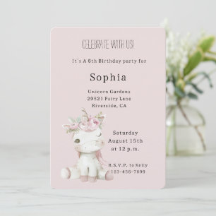 Blush Pink Floral Unicorn Birthday Invitation