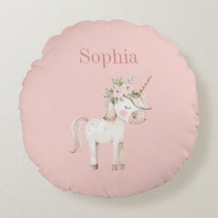 Blush Pink Floral Unicorn Round Cushion