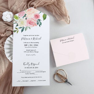 Blush Pink Floral Watercolor All In One Wedding Invitation