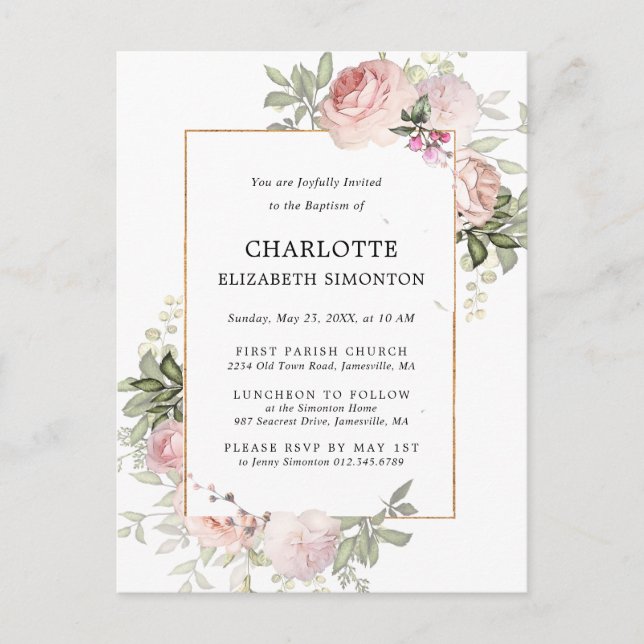 Blush Pink Floral Watercolor Baptism Postcard (Front)