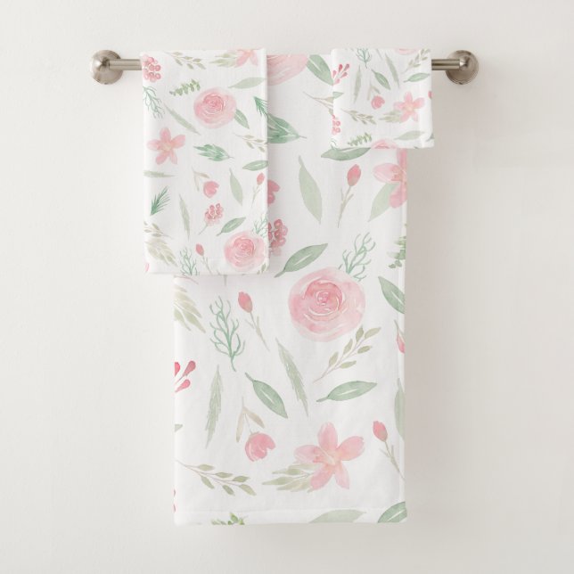 Blush Pink Floral Watercolor Bath Towel Set (Insitu)