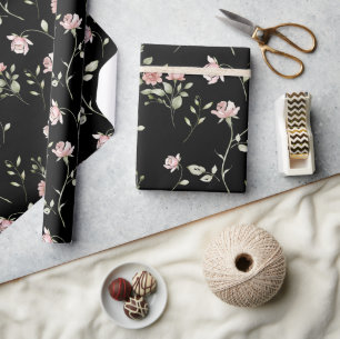Blush Pink Floral Watercolor Black Wrapping Paper