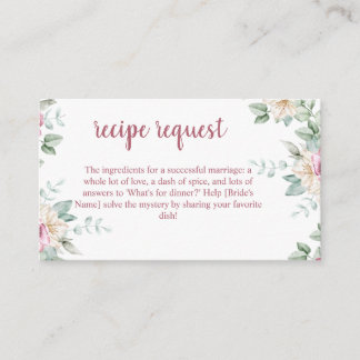 Blush Pink Floral Watercolor Bridal Shower Recipe  Enclosure Card