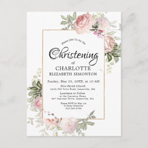 Blush Pink Floral Watercolor Christening Postcard