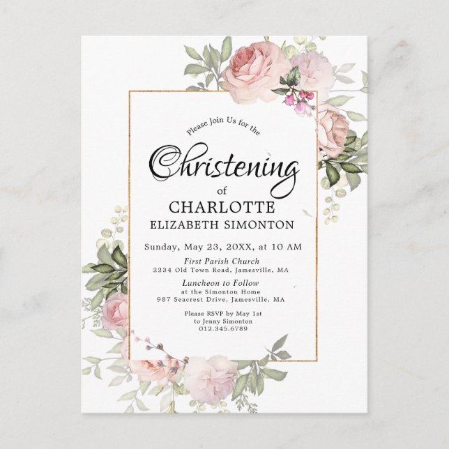 Blush Pink Floral Watercolor Christening Postcard (Front)