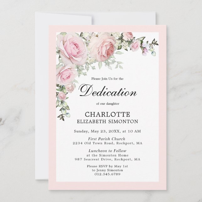 Blush Pink Floral Watercolor Dedication Invitation (Front)