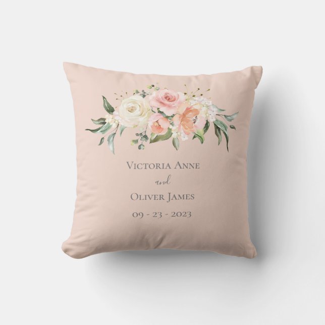 Blush Pink Floral Watercolor Elegant Wedding Cushion (Front)