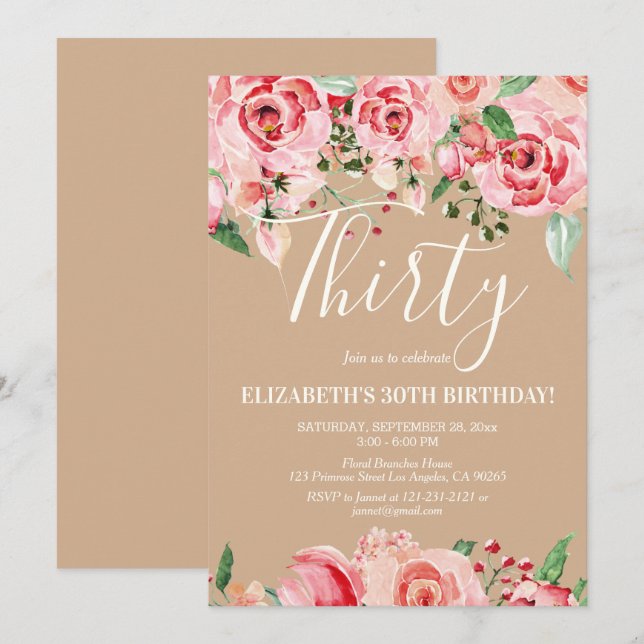 Blush Pink Floral Watercolor Flower Birthday Invitation (Front/Back)