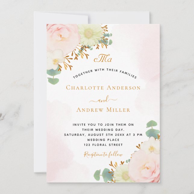 Blush pink floral watercolor gold monogram wedding (Front)