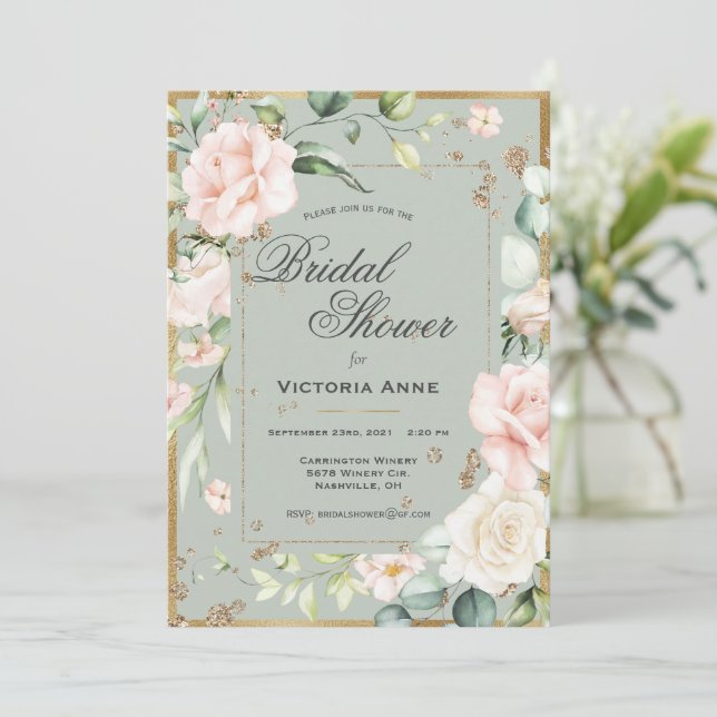 Blush Pink Floral Watercolor Pretty Bridal Shower Invitation (Standing Front)