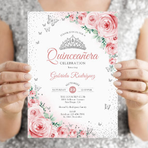 Blush Pink Floral Watercolor Roses Quinceanera Invitation