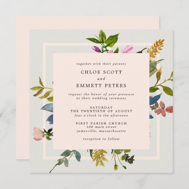 Blush Pink Floral Watercolor Square Wedding Invitation (Front/Back)
