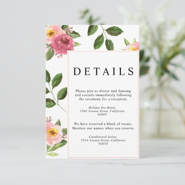 Blush Pink Floral Watercolor Wedding  Enclosure Card (Standing Front)