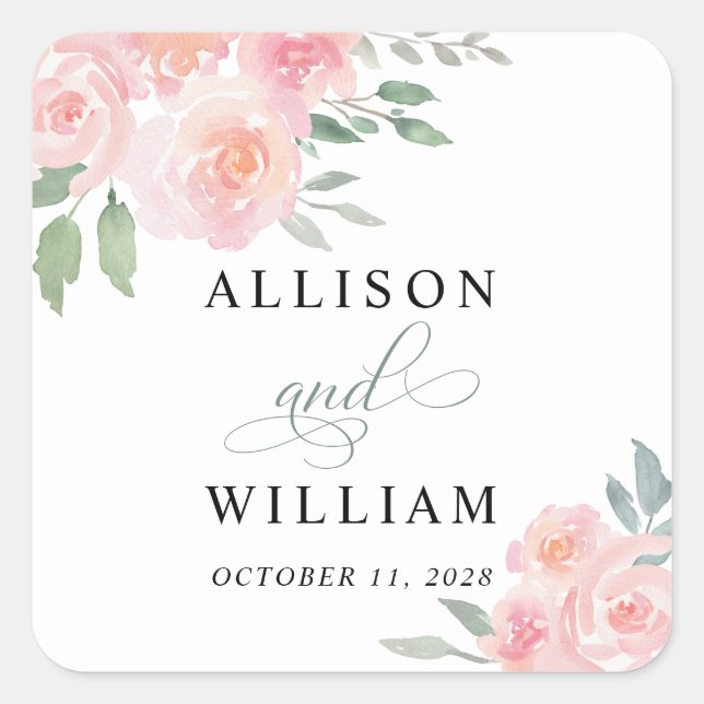 Blush Pink Floral Watercolor Wedding Square Sticker (Front)