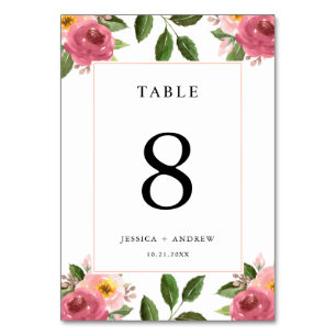 Blush Pink Floral Watercolor Wedding Table Number