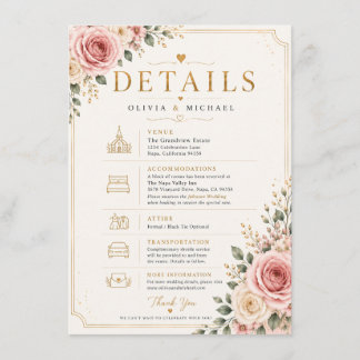 Blush Pink Floral Wedding Details Card | Watercolo