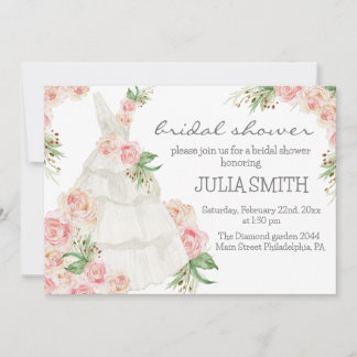 Blush Pink Floral Wedding Dress Bridal Shower Invitation