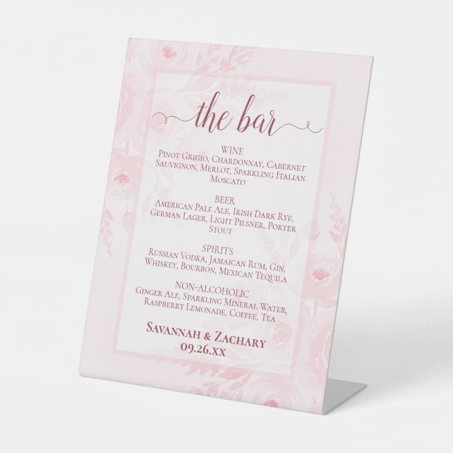 Blush Pink Floral Wedding Drinks or Bar Menu Pedestal Sign (Front)