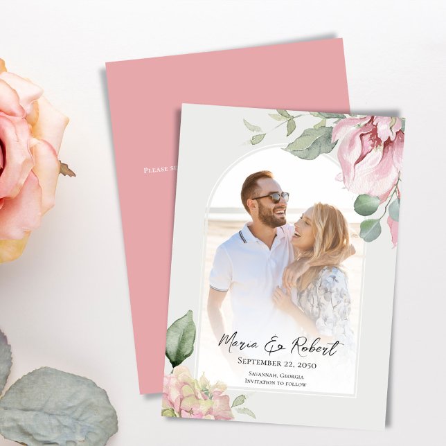 Blush Pink Floral Wedding Elegant Arch Save The Date (With a scannable QR code on the back for your wedding website.)