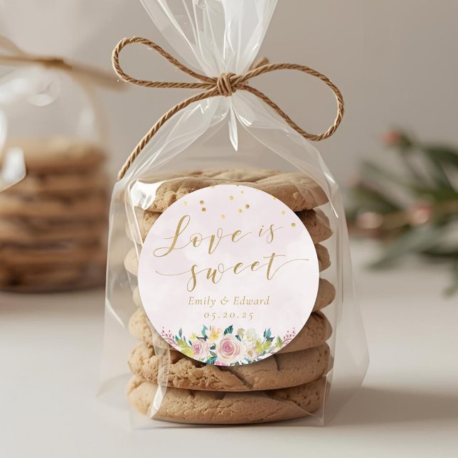 Blush Pink Floral Wedding Favour Love is Sweet Classic Round Sticker (Creator Uploaded)