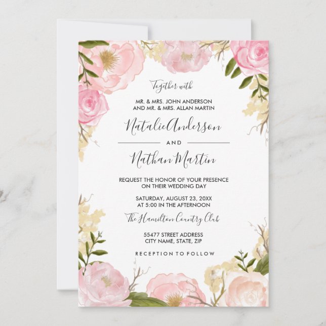 Blush Pink Floral Wedding Invitation (Front)